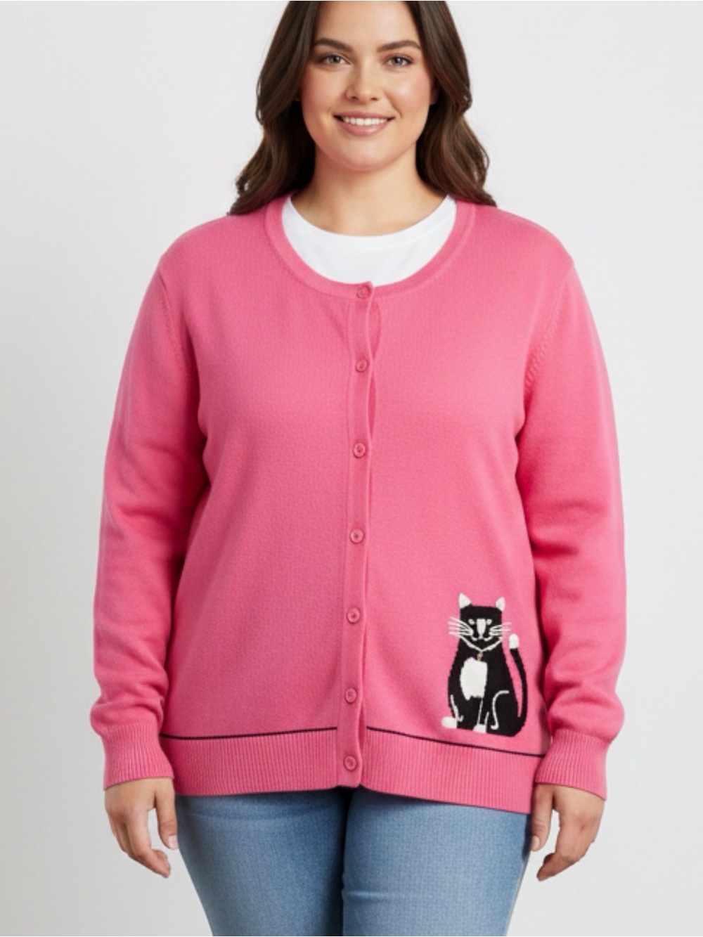 PARAGON Pink Button-Up Cardigan with Cat Motif